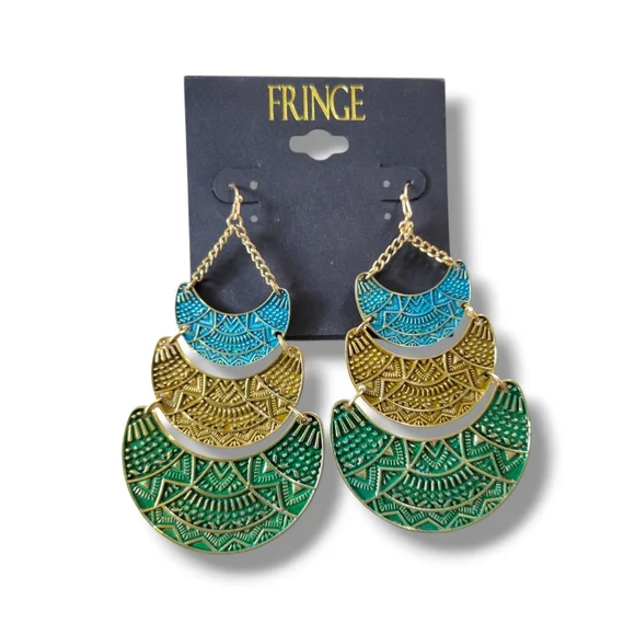 Fringe | Large Boho Embossed Gold Tone Blue/Green Layered Tribal Disc Earrings - Picture 2 of 7